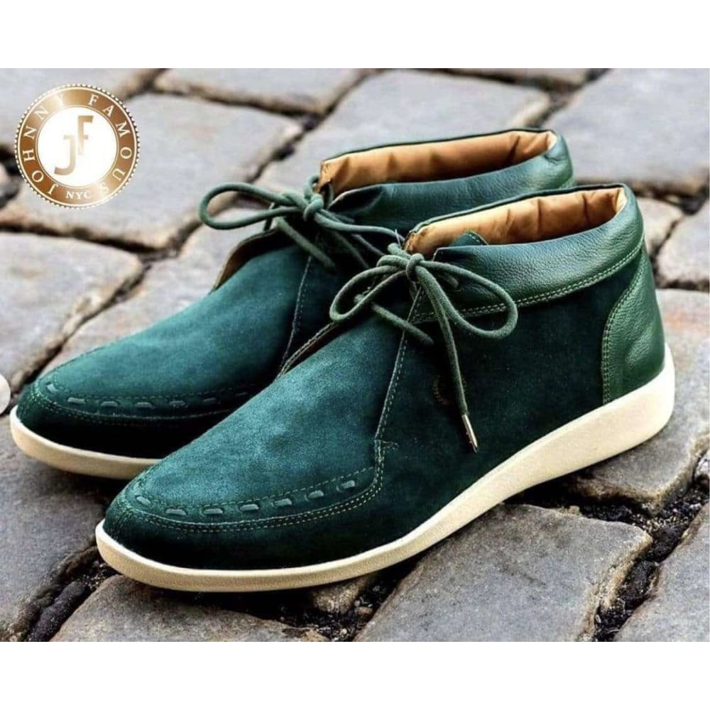 Johnny Famous Bally Style Soho Men’s Emerald Green Suede and Leather High Tops – Vintage 80s Vibe - Image 3
